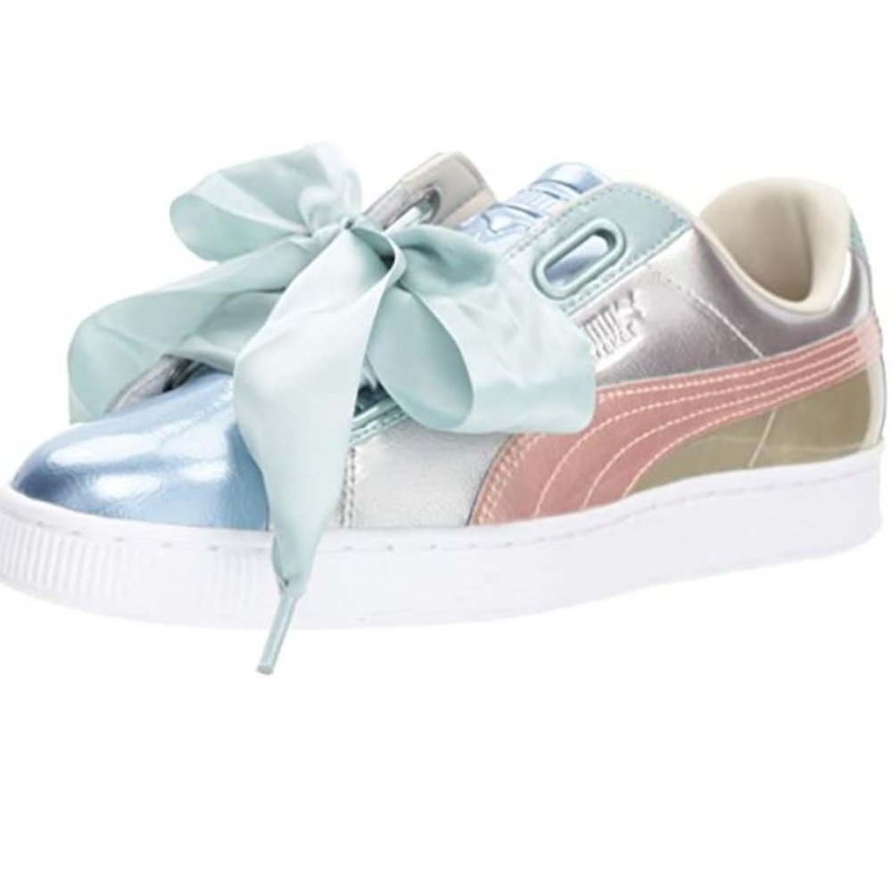 Puma women's Basket Heart Bauble sneakers in Silver/Baby blue/Pink